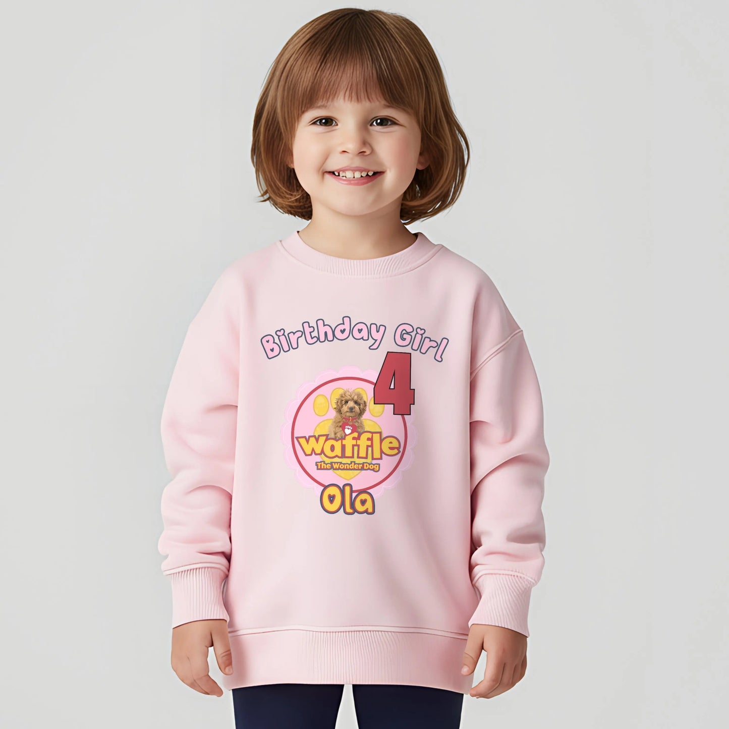 Personalised girls waffle birthday sweatshirt with custom name and age.