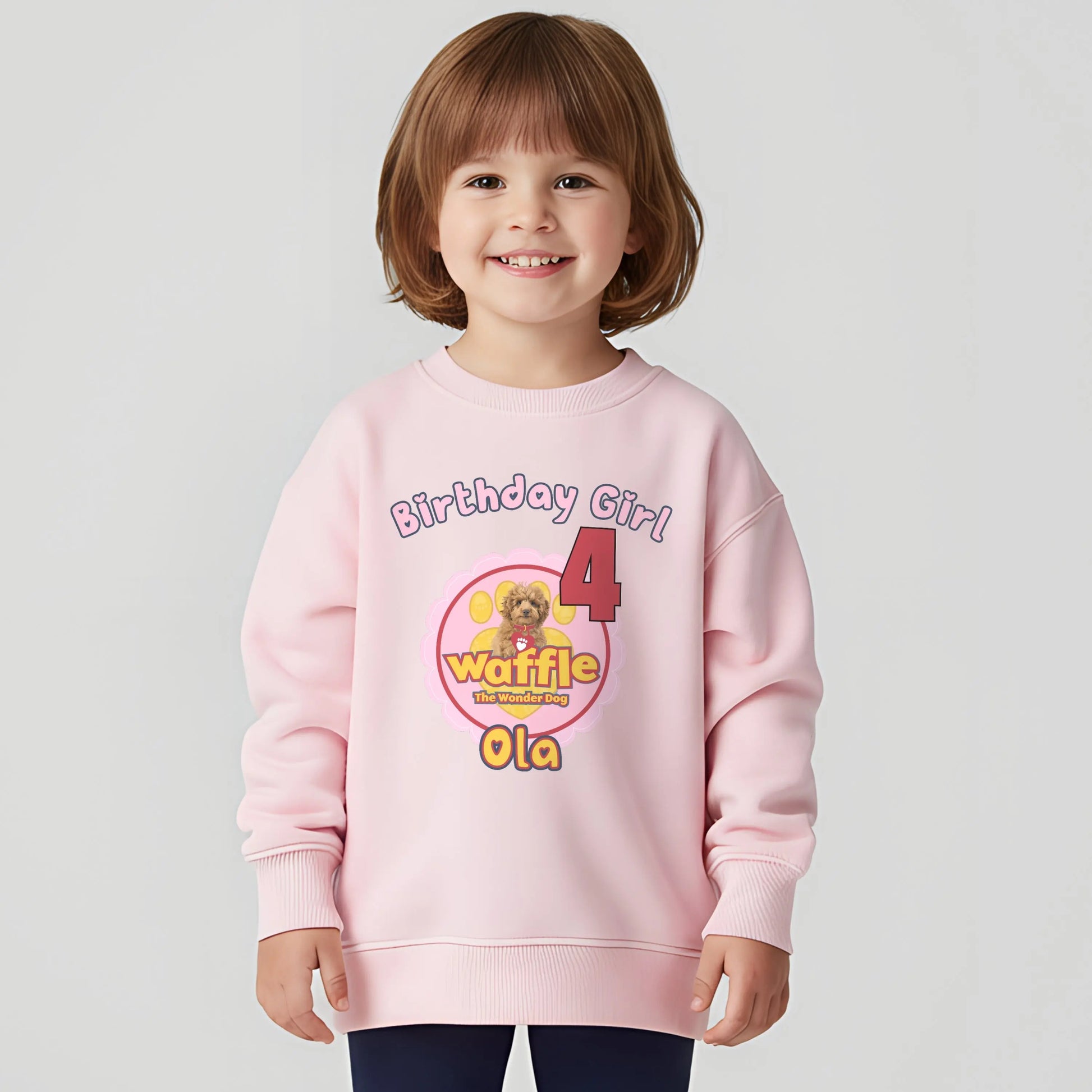 Personalised girls waffle birthday sweatshirt with custom name and age.