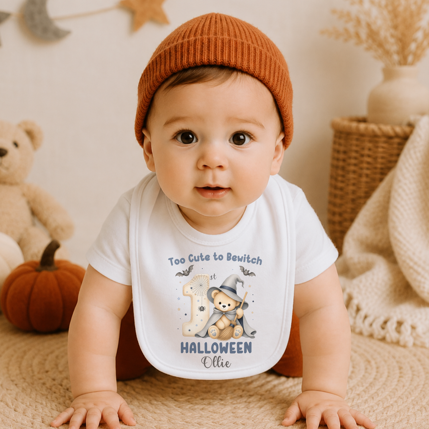 Personalised First Halloween Baby Outfit: Baby’s First Halloween personalised baby boy bodysuit with name, teddy bear witch, bats and first Halloween design.