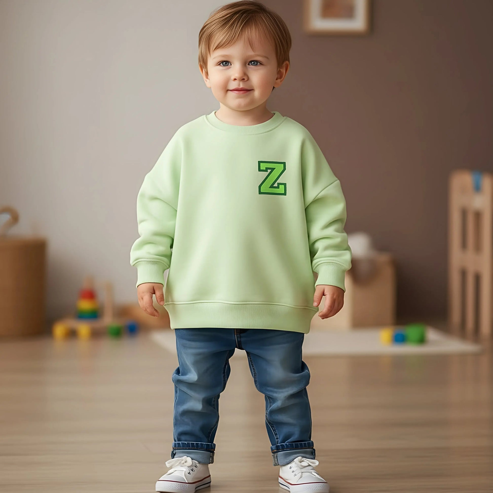 Varsity Initial Embroidered Sweatshirt: A boy wearing an embroidered personalised initial jumper