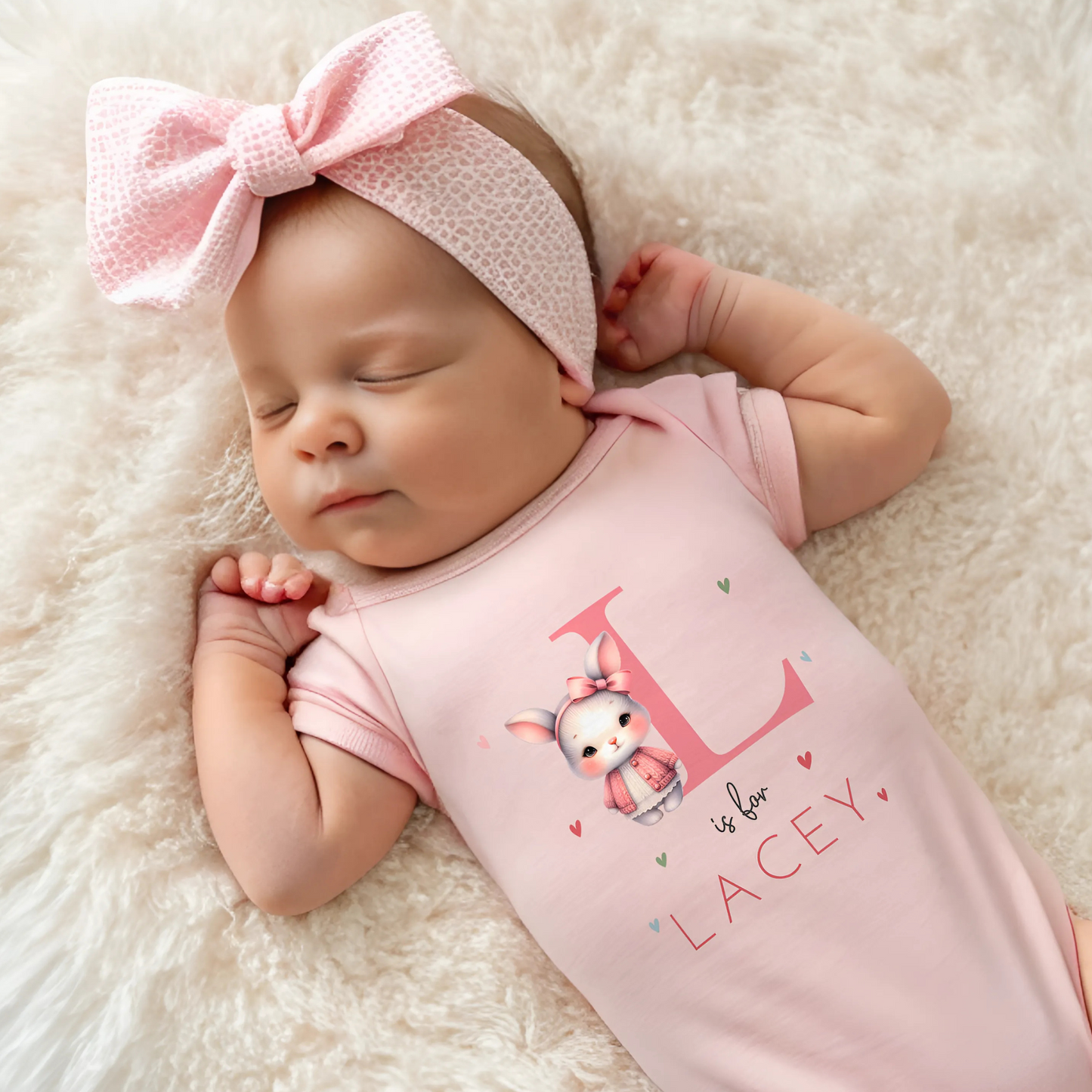 personalised baby outfit: An adorable baby girl wearing a pink sleepsuit for, featuring a cute dusky pink rabbit design. This personalised outfit is available as a sleepsuit, bodysuit, T-shirt, or bib, making it a perfect new baby gift. Ideal for coming home outfits or gender reveal announcements. It has the baby&#39;s initial and name along with the pink rabbit design.