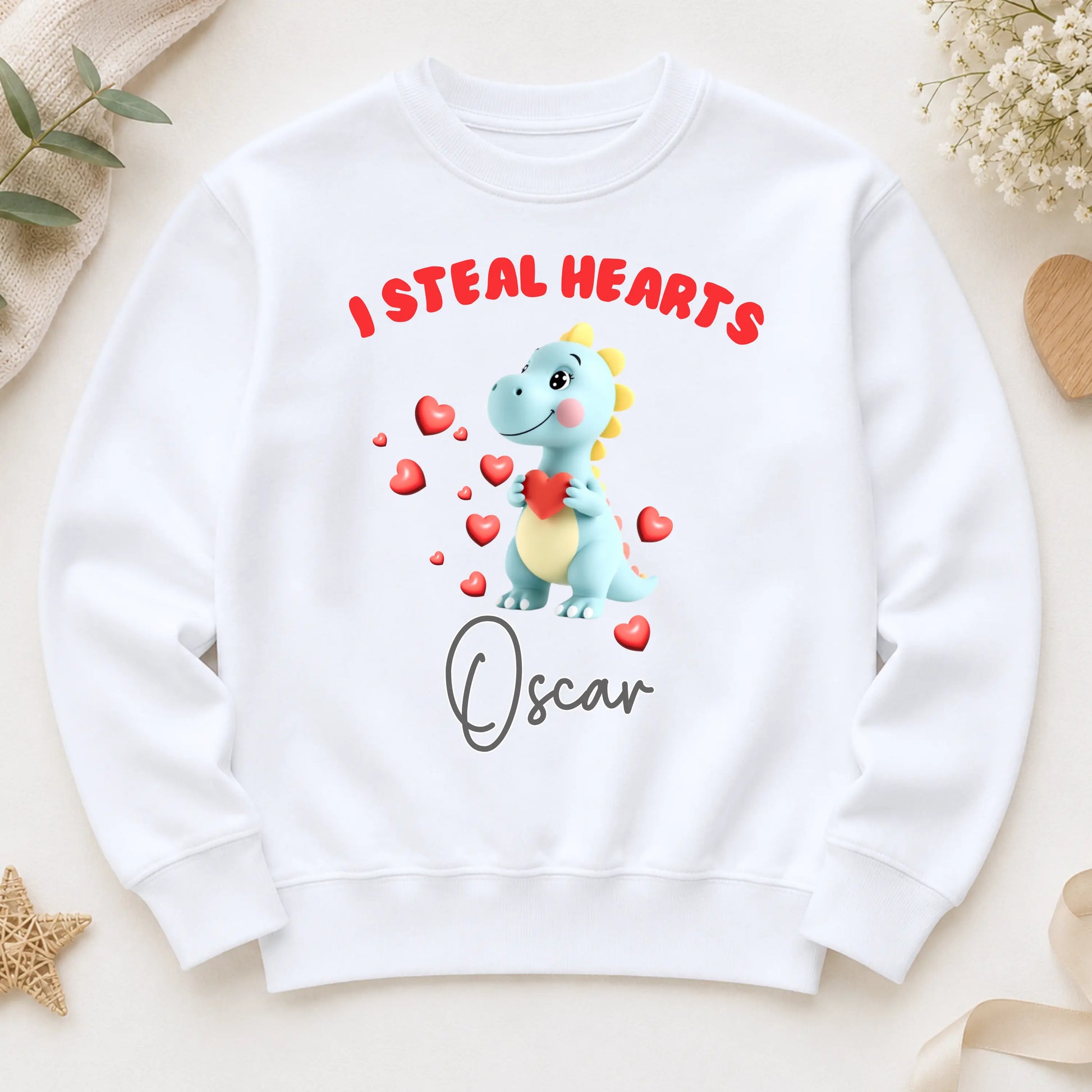 Boys Personalised Sweatshirt – Valentine Dinosaur, I Steal Hearts Jumper for Everyday Wear AishaBaileyDesigns