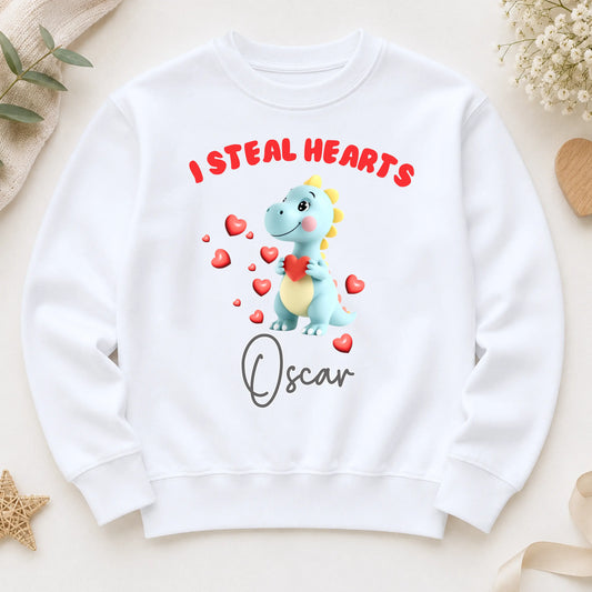 Boys Personalised Sweatshirt – Valentine Dinosaur, I Steal Hearts Jumper for Everyday Wear AishaBaileyDesigns