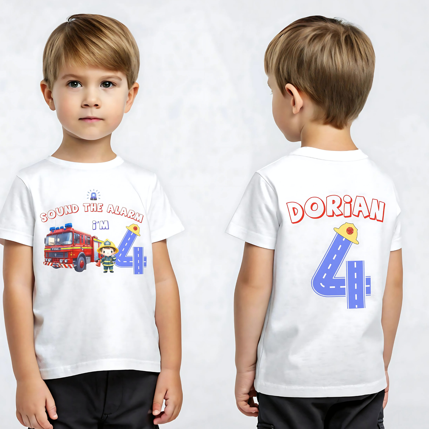 Personalised Fire Engine Birthday T-Shirt: A customizable white birthday shirt featuring a red fire truck and firefighter. The top reads “Sound the Alarm I'm” followed by your choice of age number. The back displays the toddler's name and a blue number adorned with a firefighter hat. An ideal gift for firefighter-themed birthday parties for toddlers.