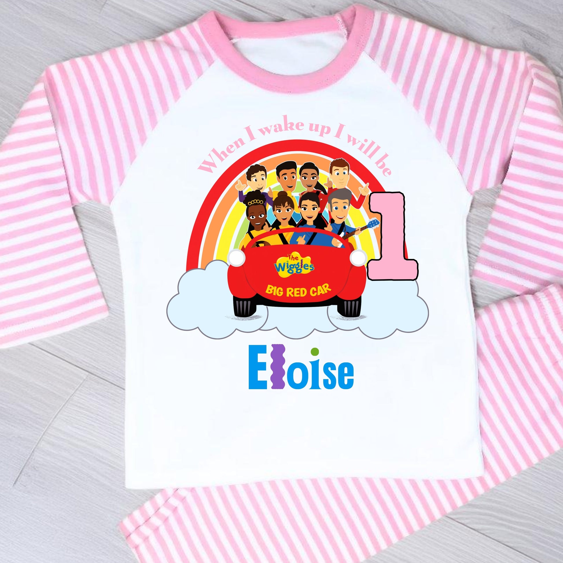 Wiggles birthday pyjamas: Personalised The Wiggles birthday pyjamas for girls with custom name and age, Big Red Car design.