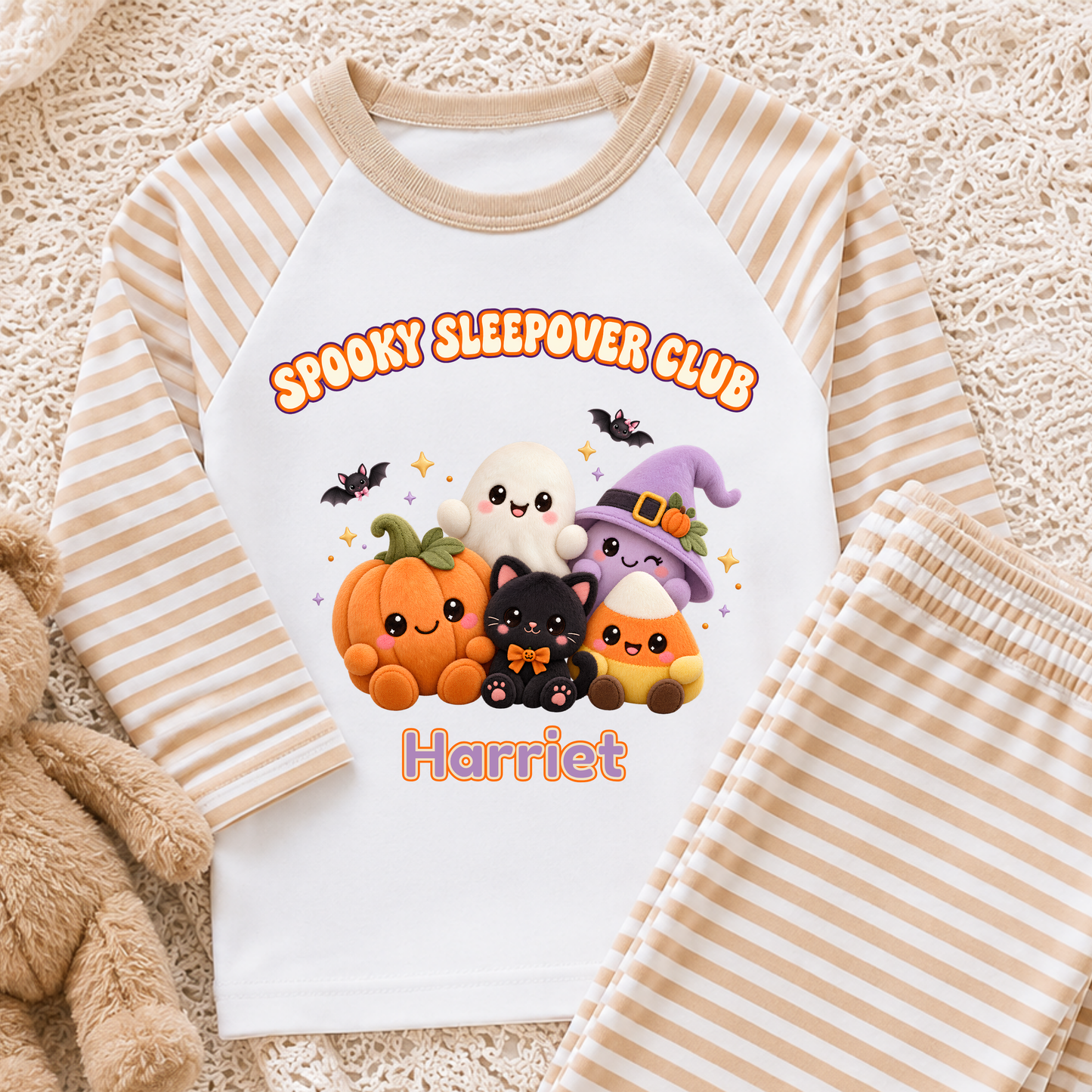 Personalised Halloween Pyjamas for Kids with kawaii plush pumpkin, ghost, witch, black cat and candy corn Spooky Sleepover Club design.
