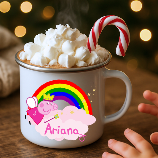 Peppa Pig Enamel Mug, Girls Personalised Peppa Pig Enamel Mug with rainbow design and custom name