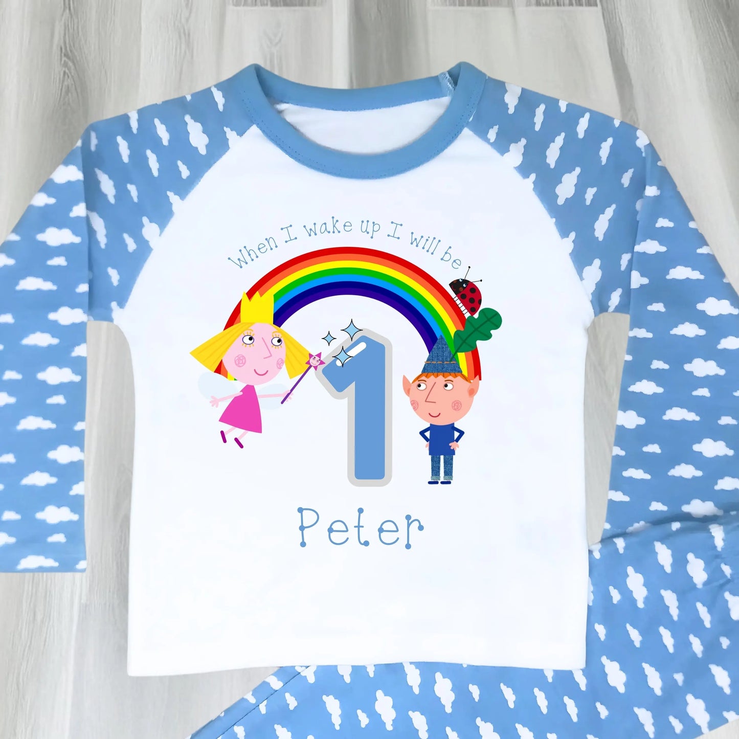 Ben and Holly Birthday pyjamas: Personalised Ben and Holly’s Little Kingdom birthday pyjamas for boys with rainbow, characters, age and custom name.