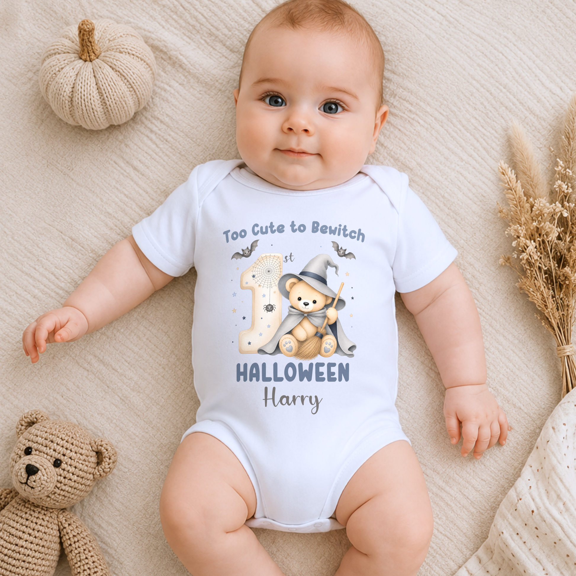 Personalised First Halloween Baby Outfit: Baby’s First Halloween personalised baby boy bodysuit with name, teddy bear witch, bats and first Halloween design.