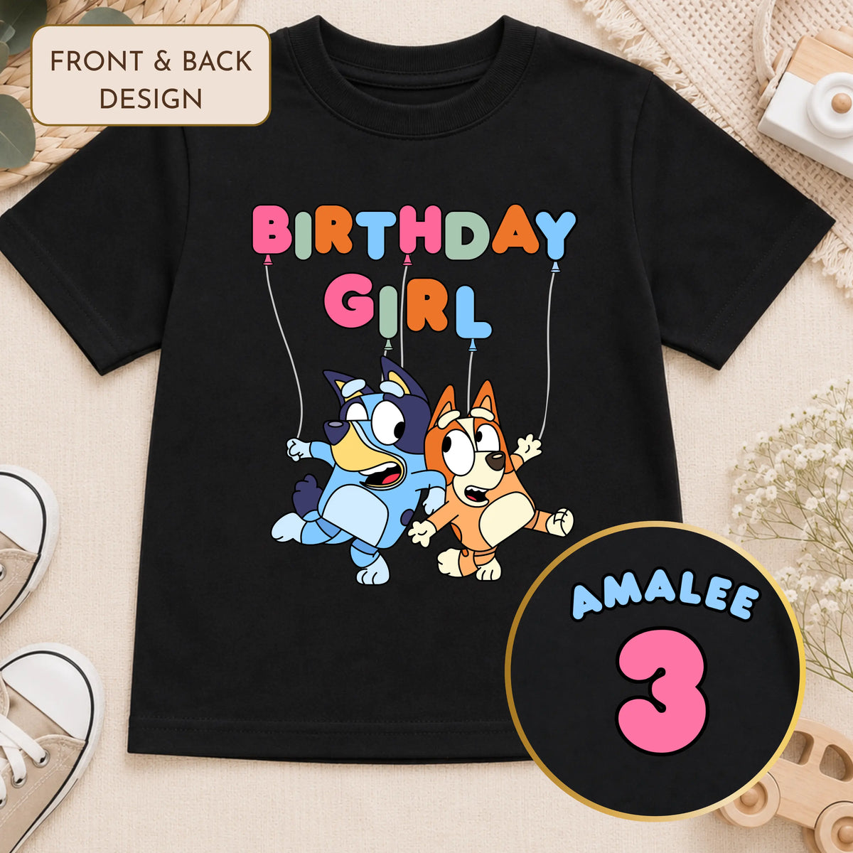 Girls Personalised Bluey Birthday T-shirt - Bluey and Bingo Tee with Front and Back Design AishaBaileyDesigns
