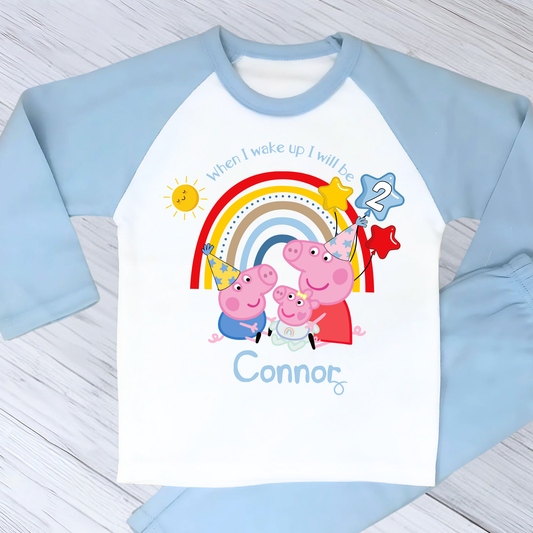 Personalized boys Peppa Pig Birthday Pyjamas featuring Peppa, George, and baby sister Evie; soft cotton; vibrant design; ideal birthday gift; peppa pigs sibling, peppa's baby sister