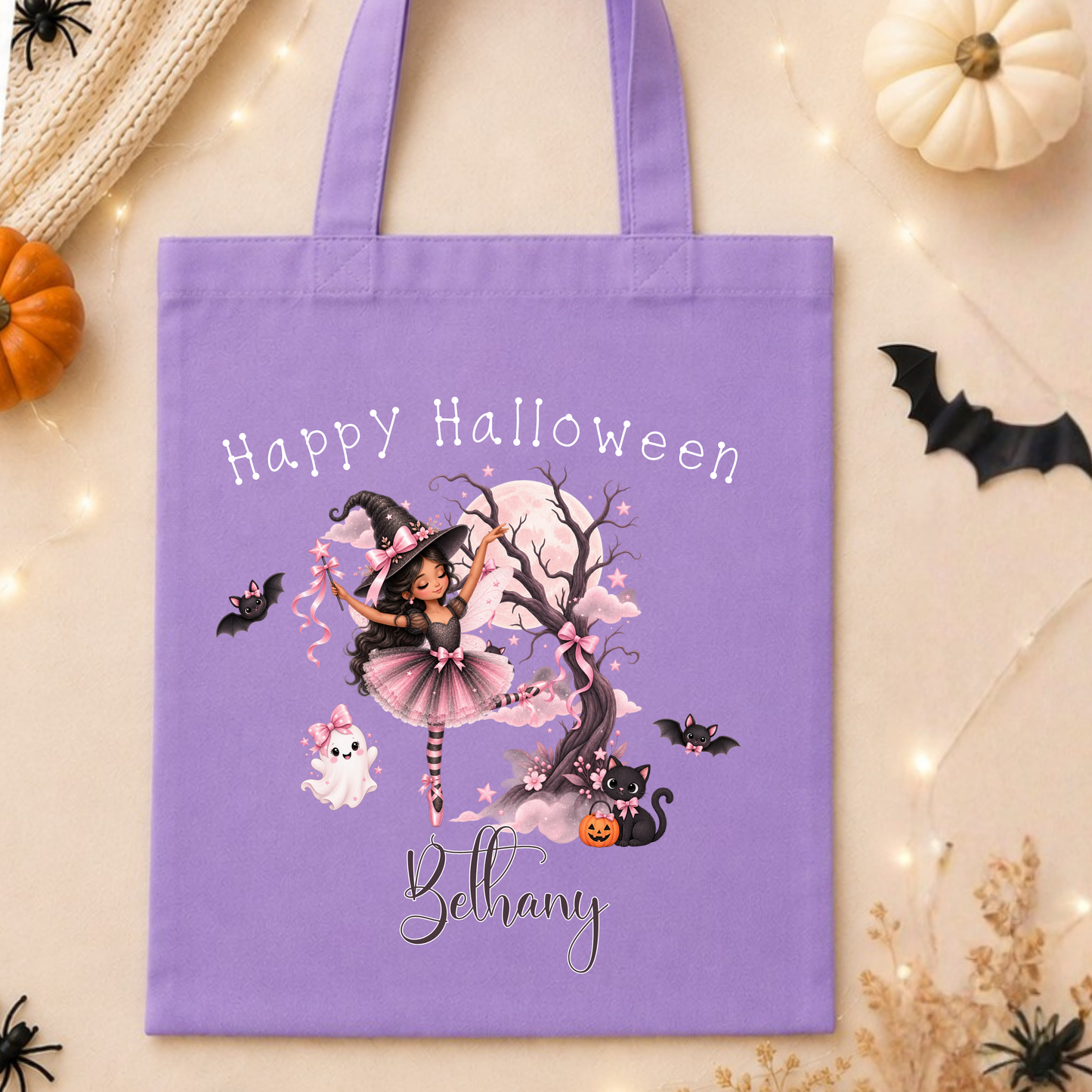 Personalised Halloween Trick or Treat Bag for Girls with witch ballerina, pink ghost, black cat, bats, moon and custom name.