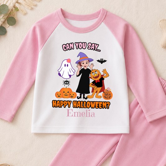 Girls personalised Ms Rachel Halloween pyjamas with “Can You Say Happy Halloween?” design and child’s name