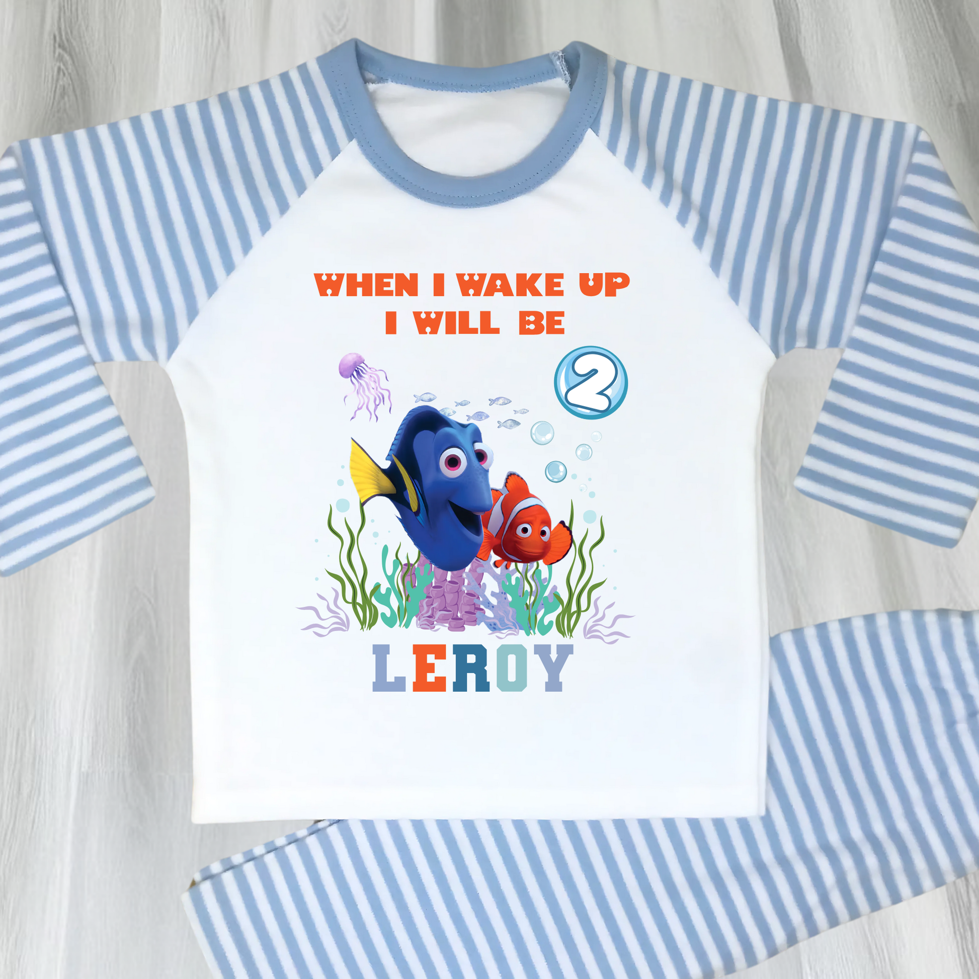 Nemo and Dory birthday pyjamas personalised with under the sea theme for boys