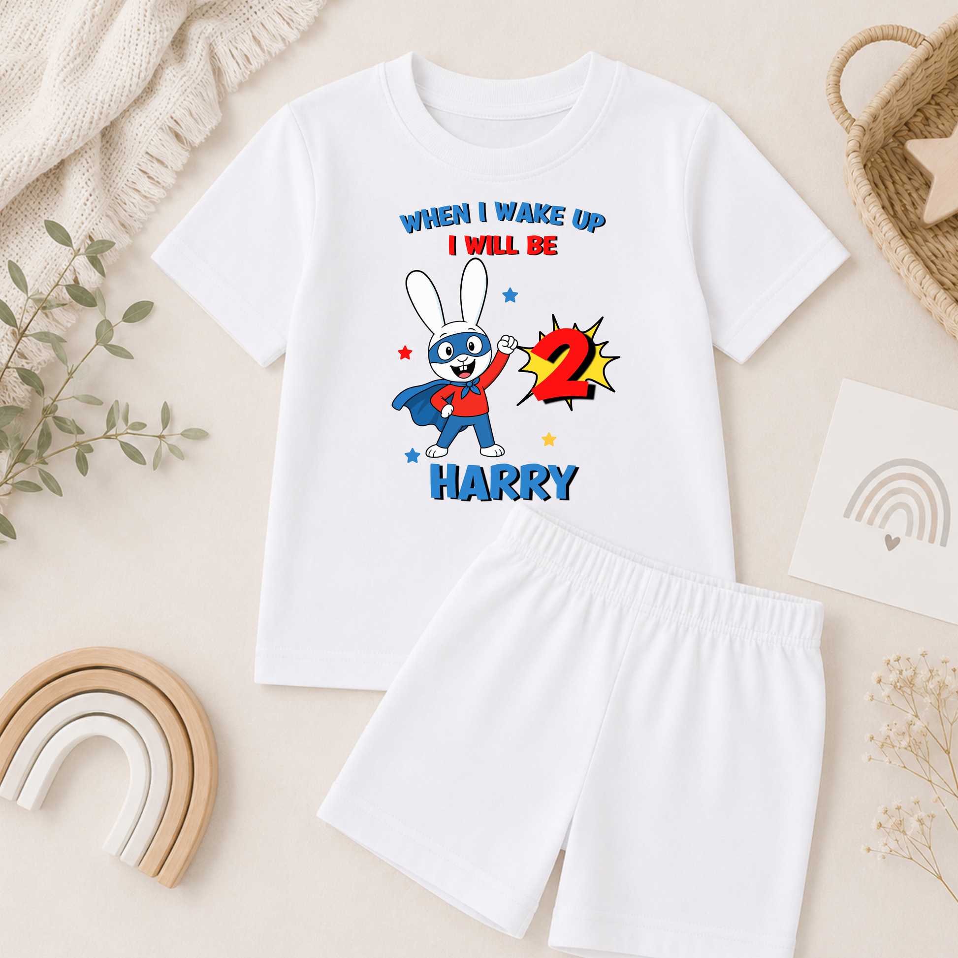 Personalised Super Simon Short Birthday Pyjamas for Boys with custom name and age, featuring a colourful character-inspired birthday design.