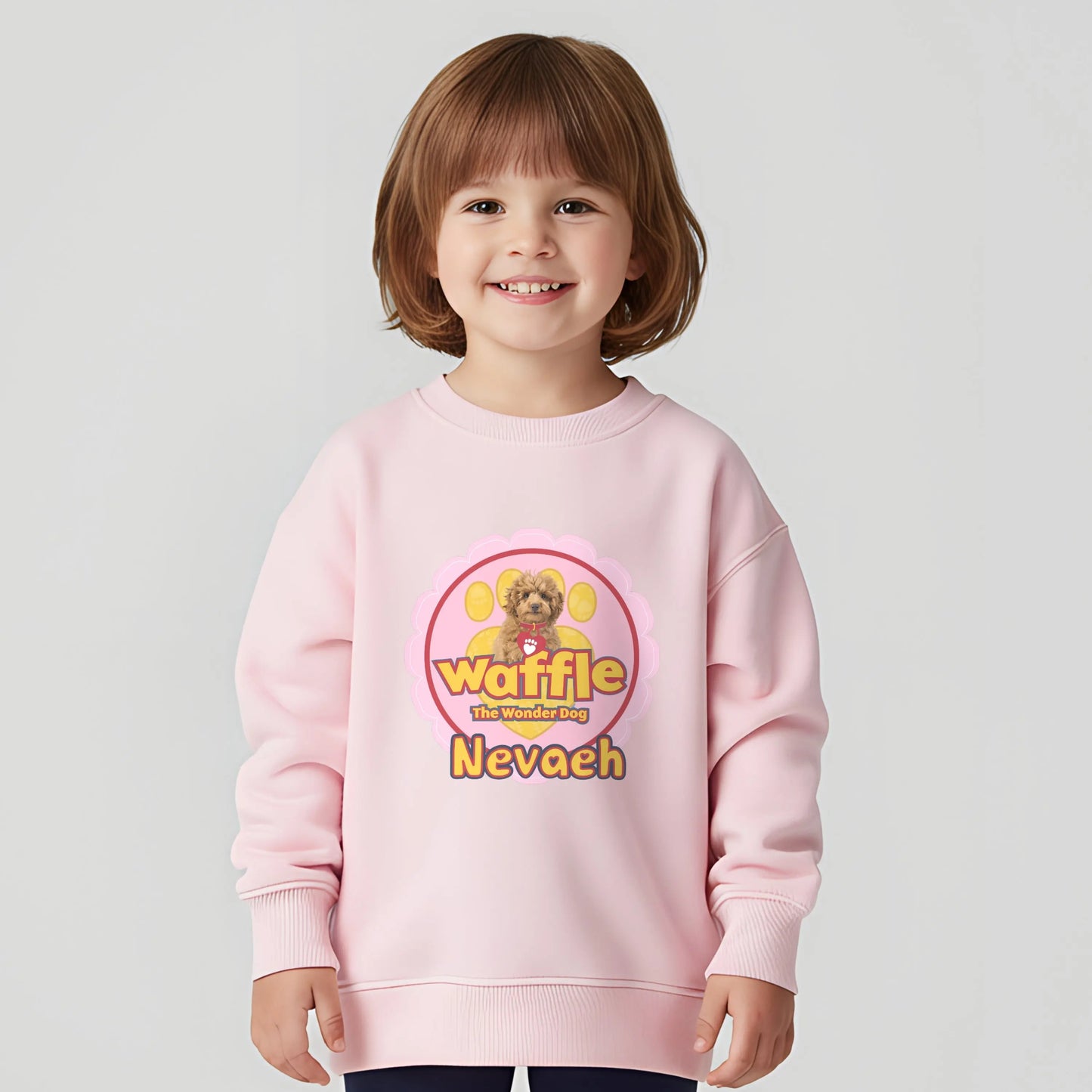 Personalised Waffle sweatshirt with Waffle the Wonder Dog and custom child name in pink design