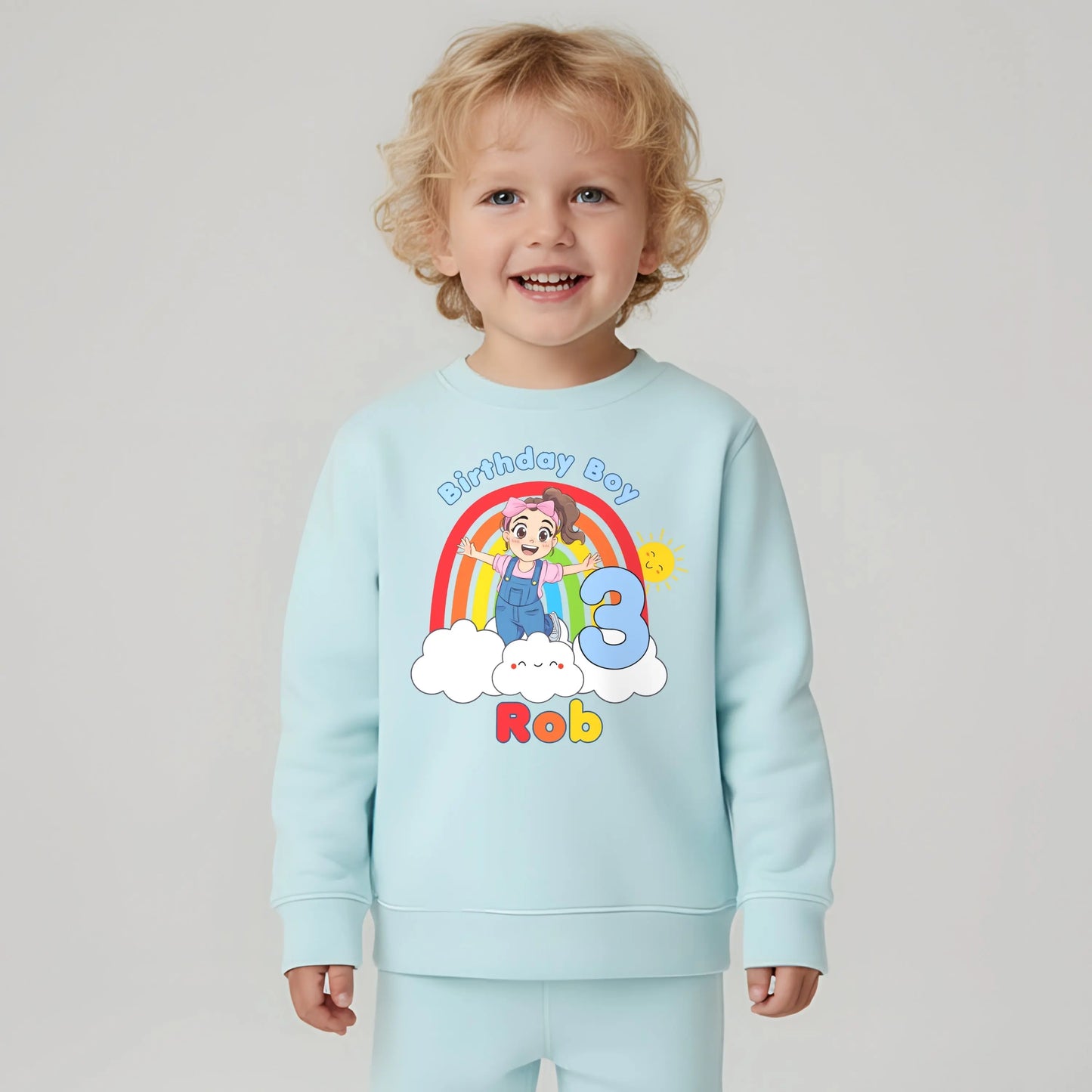 Personalised Ms Rachel birthday boy sweatshirt with rainbow, age number and child’s name