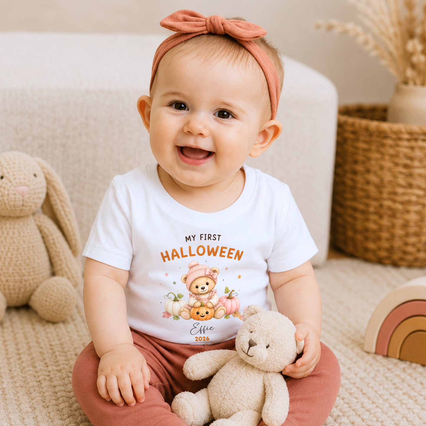 Personalised First Halloween Baby Outfit with cute teddy bear and pumpkins, customised with baby's name and year for their first Halloween.