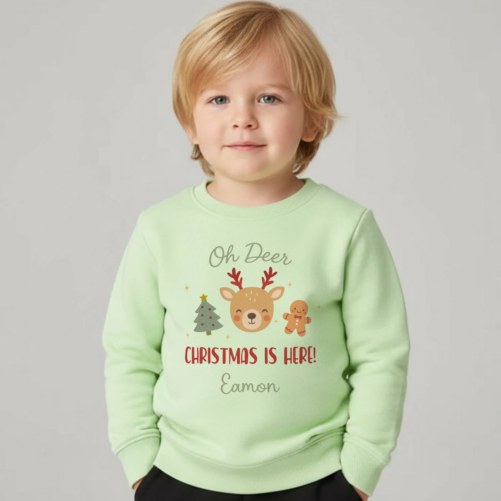 Boys christmas sweatshirt: Personalised boys reindeer Christmas sweatshirt with festive design and child’s name