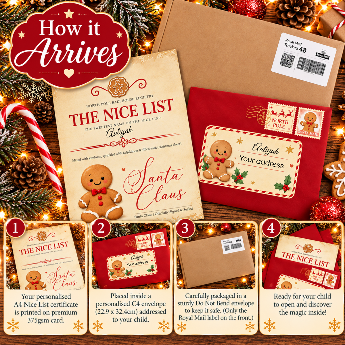 Personalised Letter from Santa Nice List certificate with child's name, Christmas teddy bear and festive red envelope