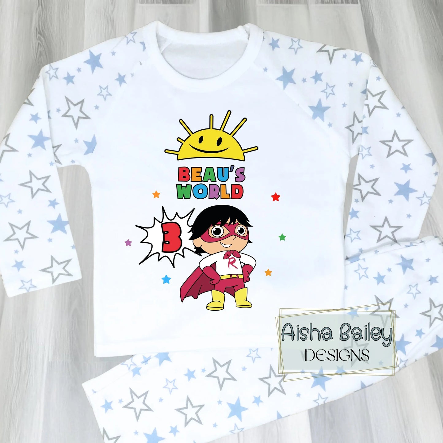 Ryan's World personalised birthday pyjamas for boys with colourful superhero design