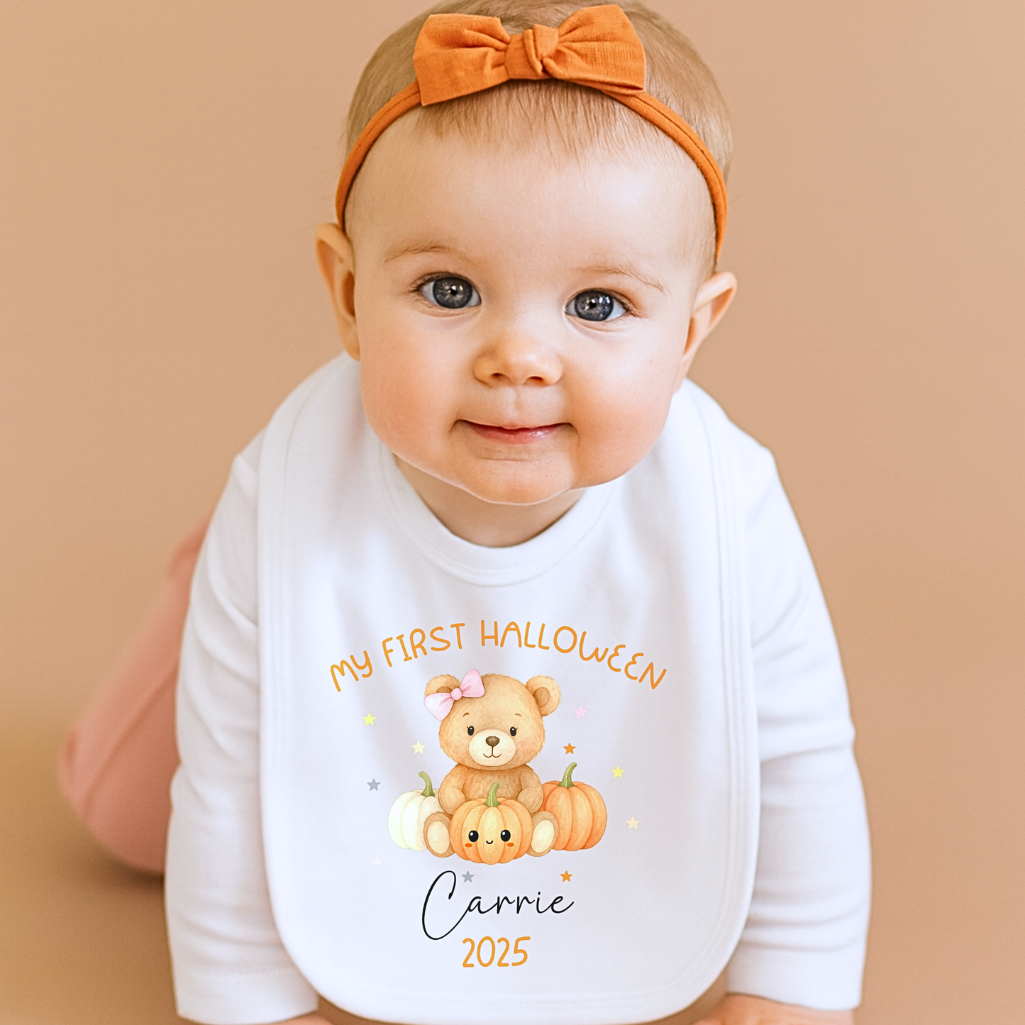 Personalised First Halloween Outfit for baby girl with teddy and pumpkin design, customised with baby name.