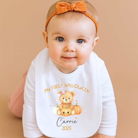 Personalised First Halloween Outfit for baby girl with teddy and pumpkin design, customised with baby name.