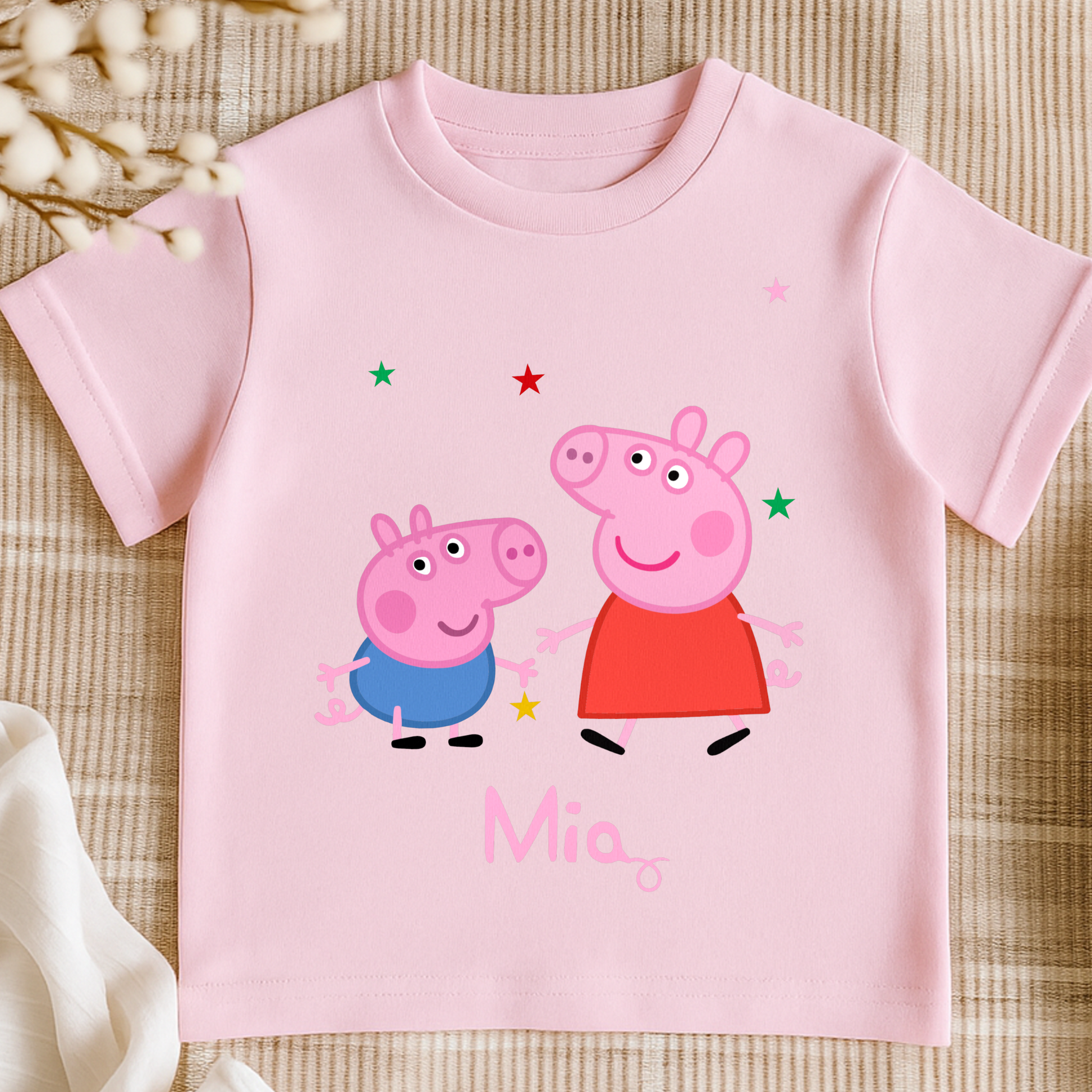 Personalised Peppa and George T-shirt for kids featuring cute character artwork and custom name option.