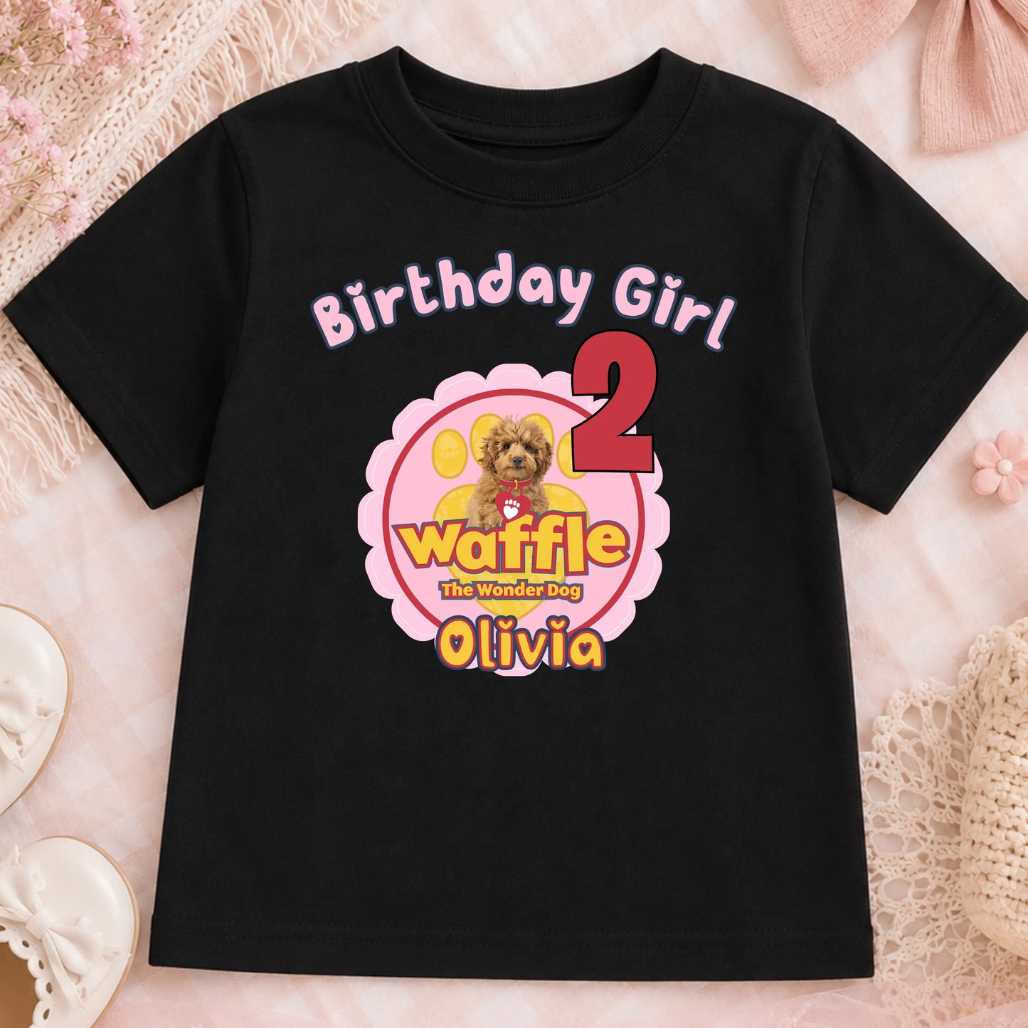 Girls Personalised Waffle Birthday t-shirt: Waffle the Wonder Dog AishaBaileyDesigns