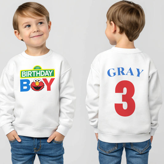 Elmo birthday sweatshirt for boys with custom name and age personalised