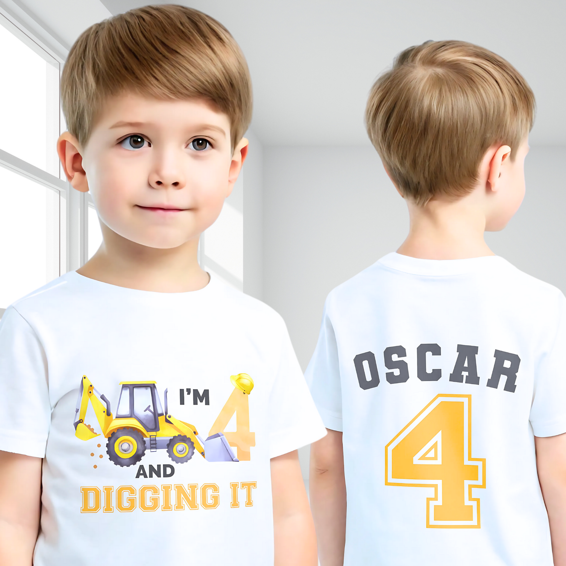 Excavator Digger Birthday T-Shirt: This white t-shirt features a vibrant yellow excavator graphic alongside the playful text “I am digging it,” with customizable age options to celebrate a birthday. The back is personalised with the boy name and age in bold yellow with a black outline. Ideal as a gift for a boy or toddler birthday or a construction-themed party.