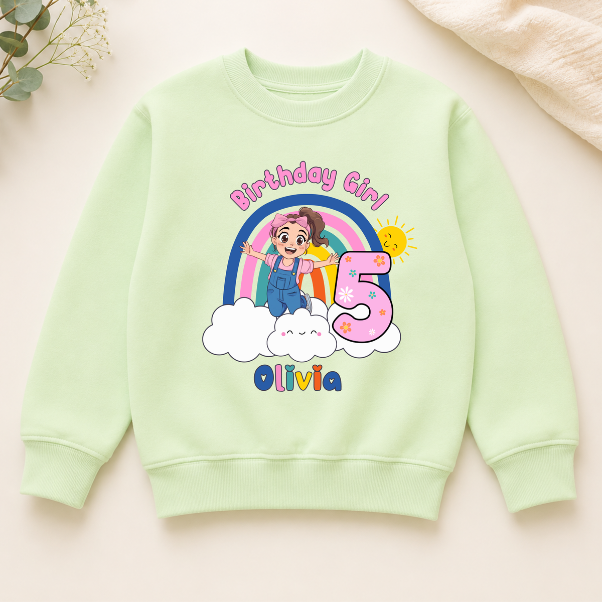 Girls Personalised Ms Rachel Birthday Sweatshirt. A girls birthday sweatshirt with a Ms Rachel Design and custom name and age.