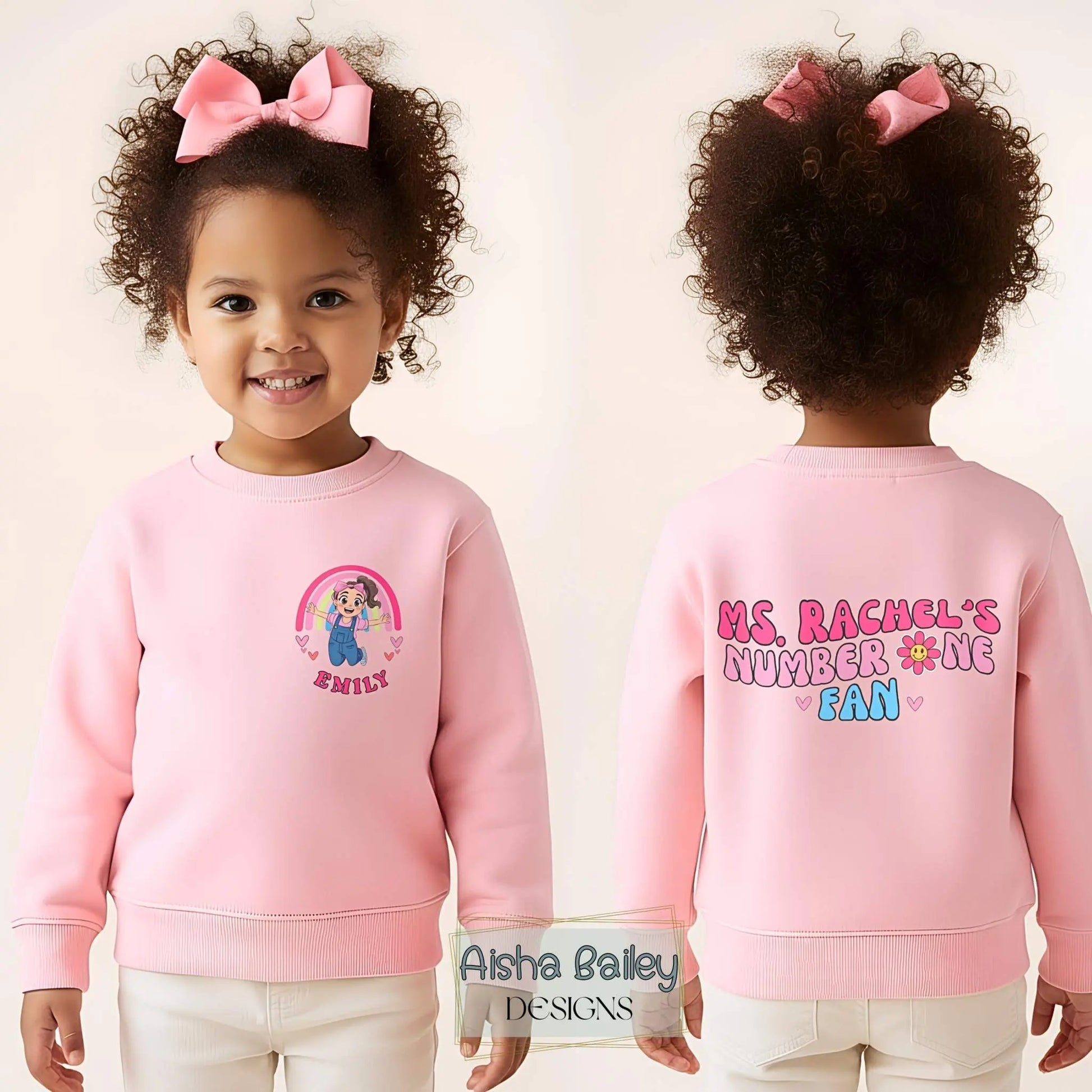 Personalised Ms Rachel Sweatshirt Number One Fan Sweatshirt for girls with custom name and back print in pastel colours