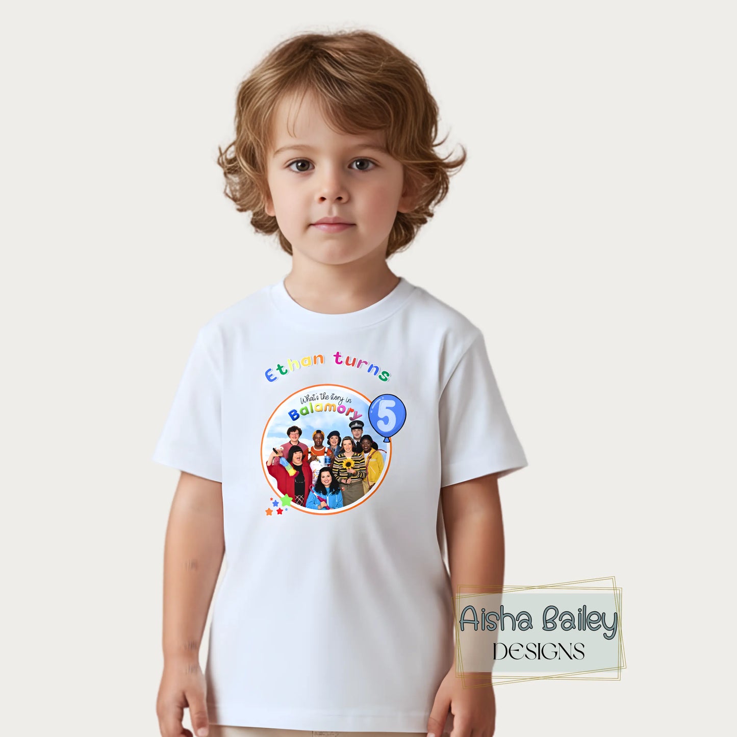 Personalised Balamory birthday t-shirt for boys with custom name and any age colourful toddler birthday shirt