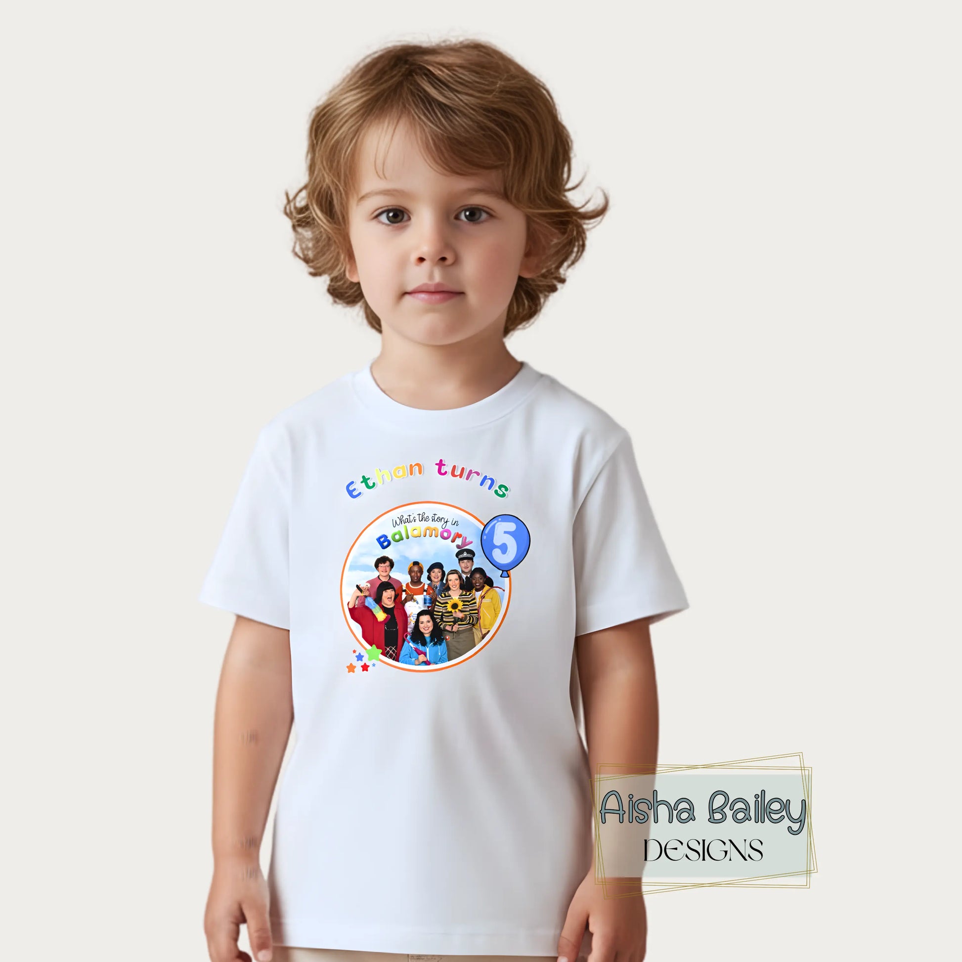 Personalised Balamory birthday t-shirt for boys with custom name and any age colourful toddler birthday shirt