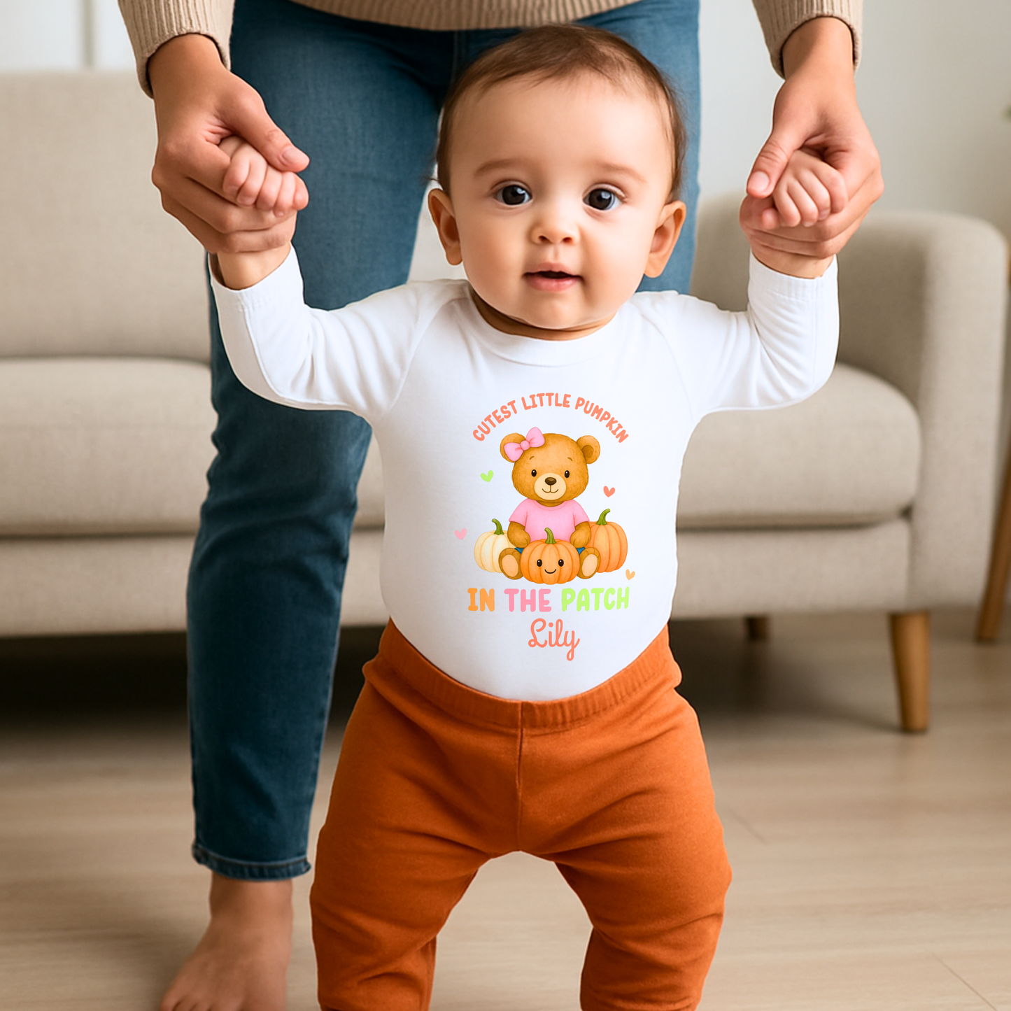 First Halloween Outfit: Personalised Halloween baby bib, romper, vest or t-shirt with teddy bear “Cutest Pumpkin in the Patch” design.