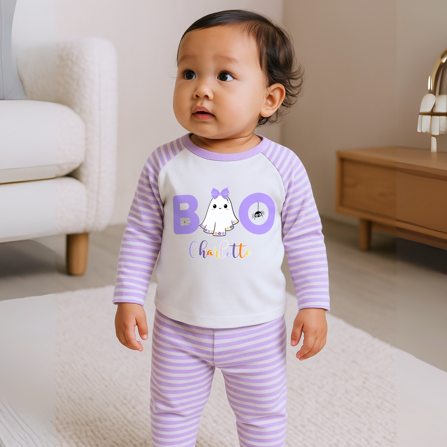 Personalised Halloween Pyjamas for girls with lilac stripes and cute ghost boo design. custom name pyjamas