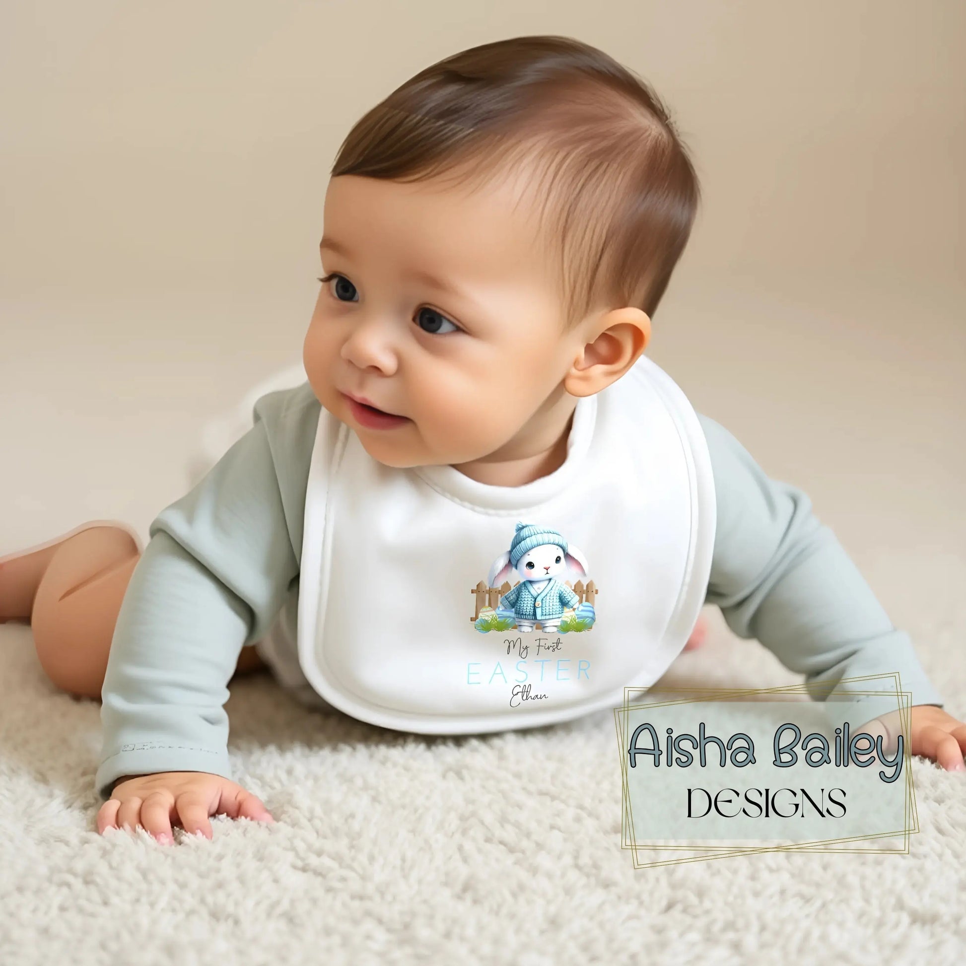 First Easter Outfit: Baby Boy’s First Easter Babygrow with personalised name and bunny design