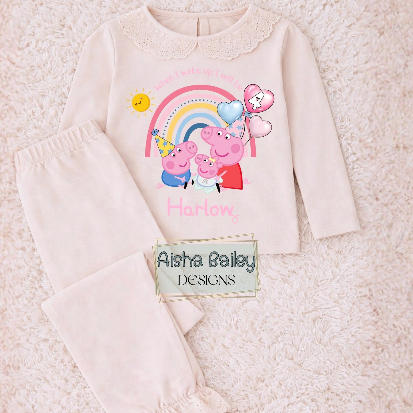 Girls Peppa Pig Frilly Birthday pyjamas with George and Evie with their custom name, Peppa Pig birthday gift