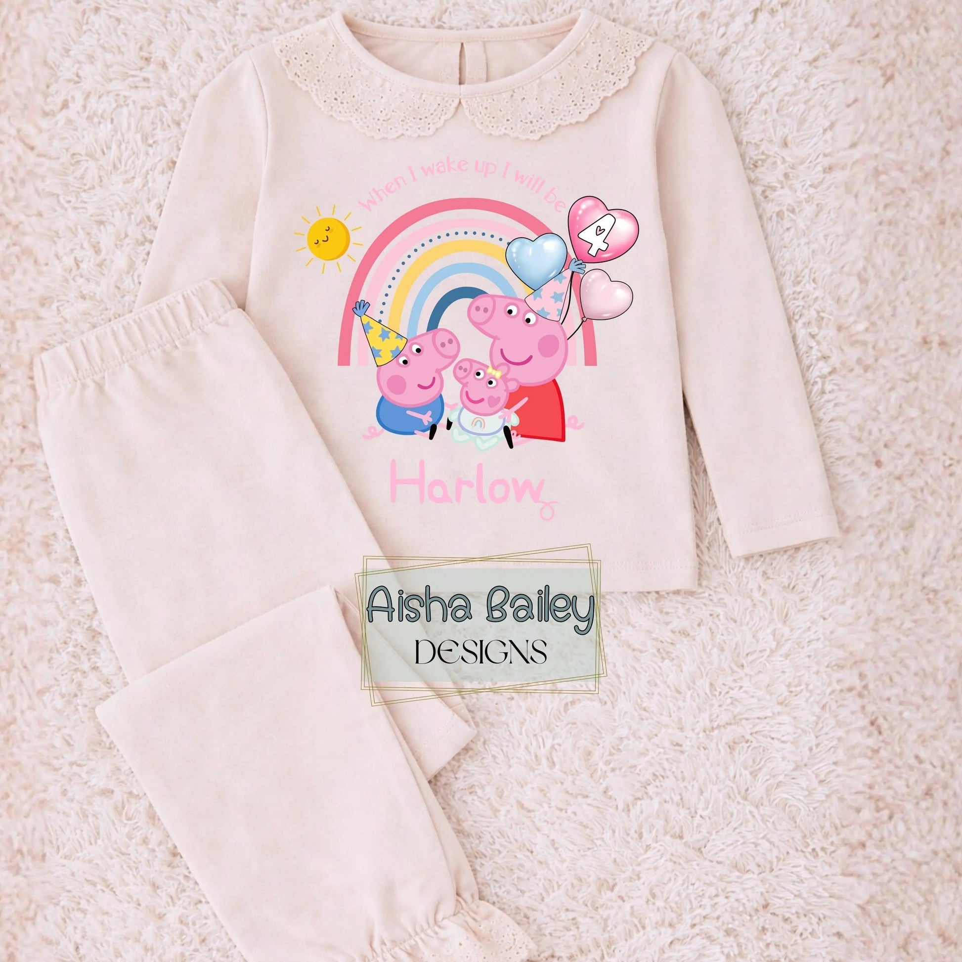 Girls Peppa Pig Frilly Birthday pyjamas with George and Evie with their custom name, Peppa Pig birthday gift