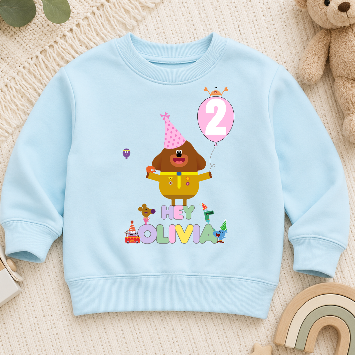 Girls Personalised Hey Duggee Birthday Sweatshirt - Girls Personalised Hey Duggee Pink Bday Jumper, Girls personalised hey duggee, dey duggee pink balloon, pink balloon birthday, hey duggee personalised birthday sweatshirt jumper