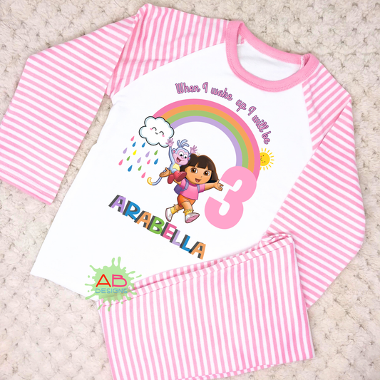 Dora birthday pyjamas, when i wake up dora the explorer, Dora with name age, girls birthday pyjamas
