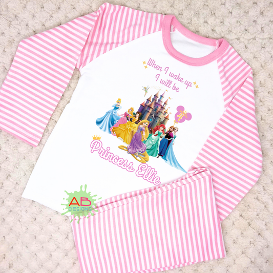 Princess birthday pyjamas, Princess birthday pjs, personalised disney princess pajamas, disney princess pjs, When I wake up disney princess, custom princess pjs