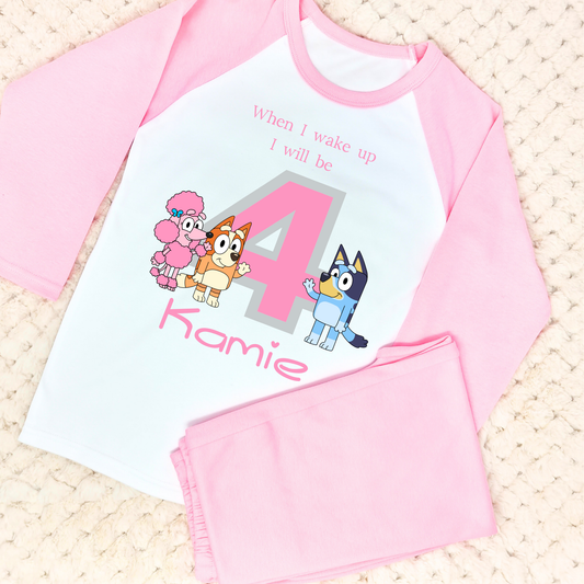 Bluey Birthday Pyjamas, Personalised Girls Bluey, Bingo & Coco Birthday PJs, when i wake up bluey,, bluey birthday gift, personalised bluey for birthdays