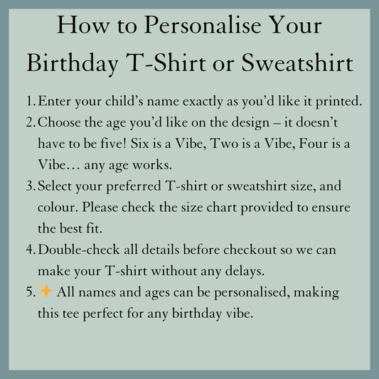 Instructions on how to personalise Five is a vibe birthday t-shirt personalised with custom name and age. Ideal for 5th birthdays