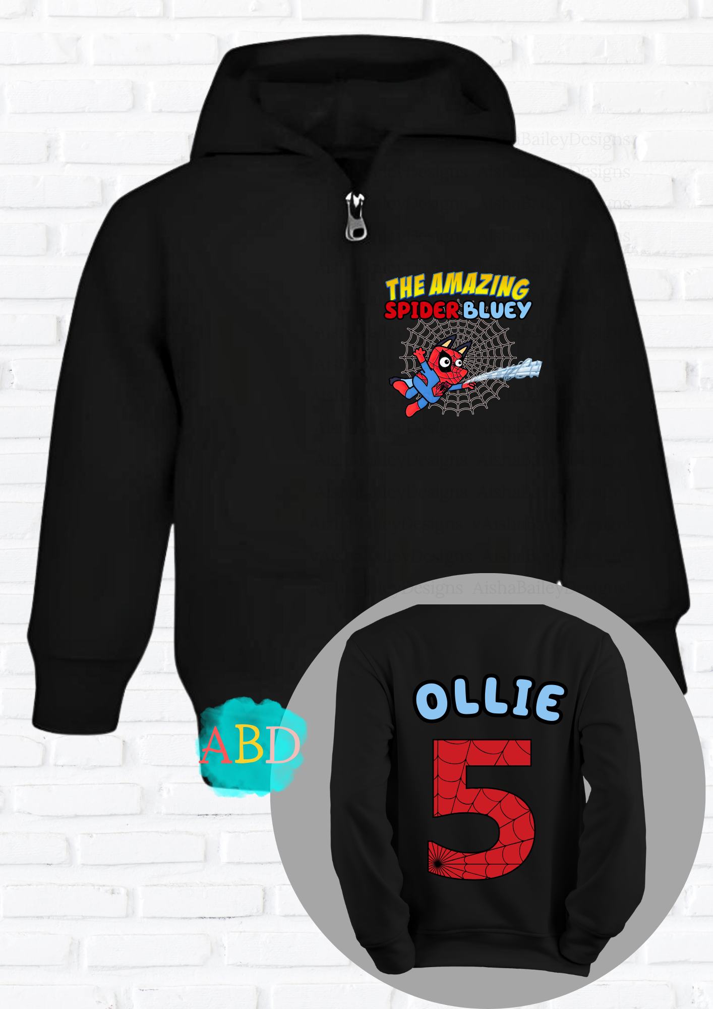 Girls Custom Hoodie - Girls Personalised Spider Bluey Zip Hoodie 