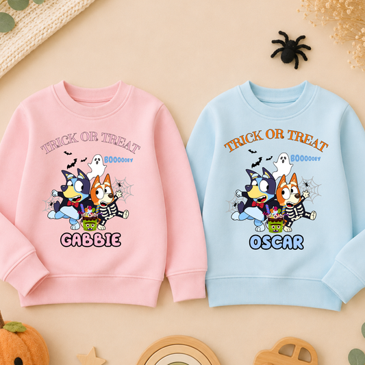 Personalised Halloween sweatshirt with Bluey and Bingo design and custom name for kids
