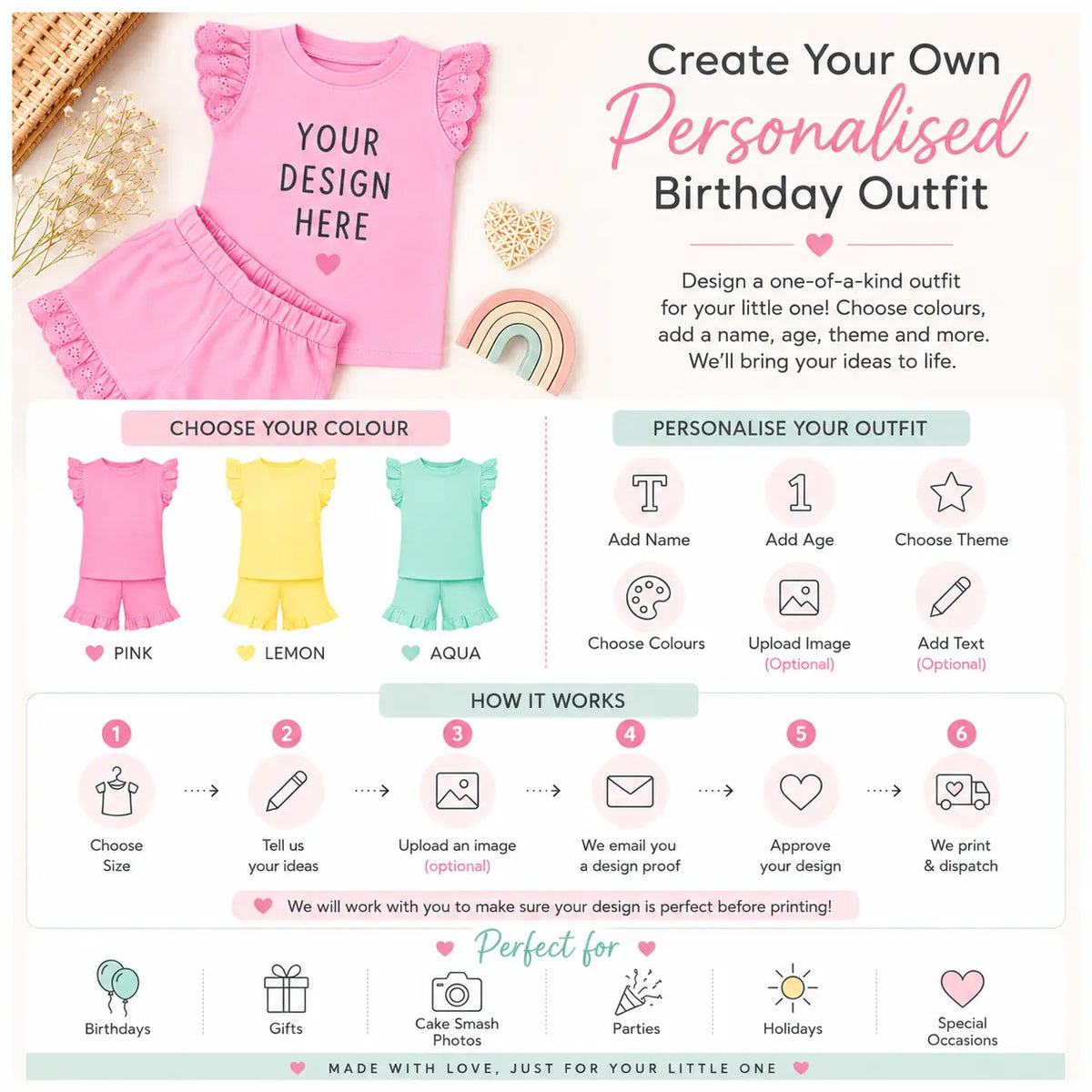 Girls Personalised Top and Shorts Custom Service - Any Text and Design, Perfect for Birthdays or Everyday Wear AishaBaileyDesigns