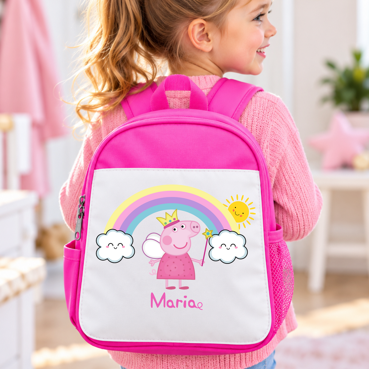 Personalised Peppa Pig Backpack for girls in bright pink with princess Peppa, rainbow design and child's name, perfect for nursery and preschool.