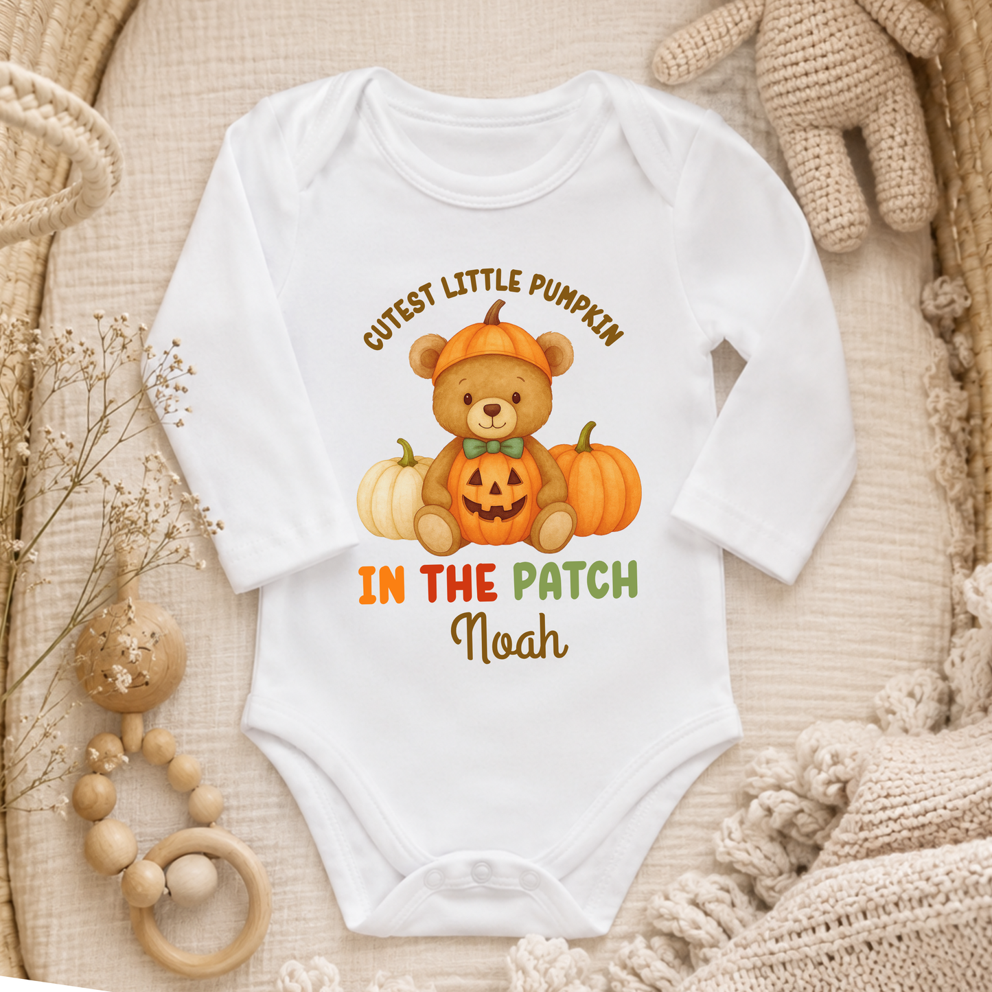 Baby’s First Halloween personalised pumpkin outfit for baby girl with teddy bear, pumpkins and Cutest Pumpkin in the Patch design.